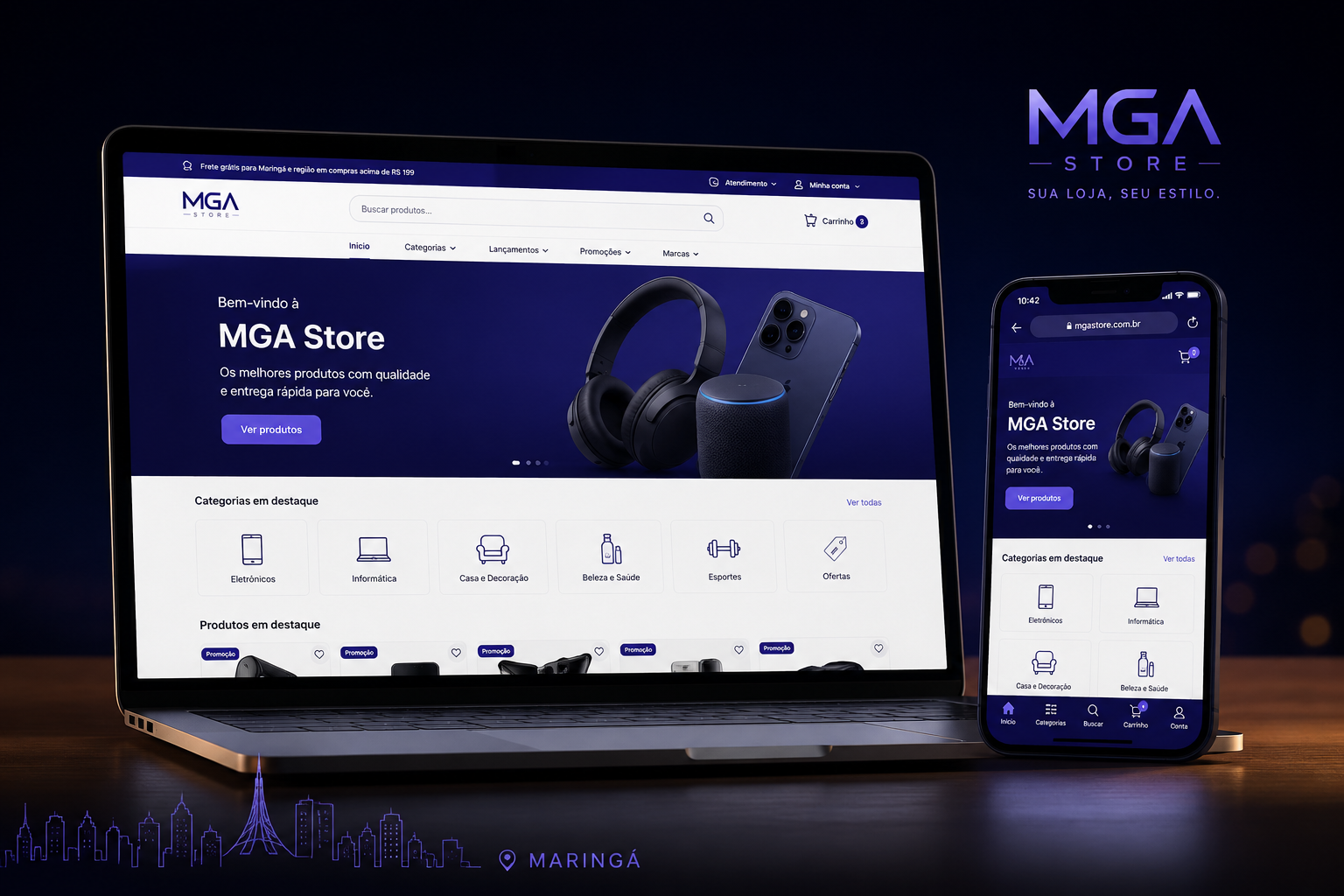 Loja virtual profissional — layout responsivo para desktop e celular